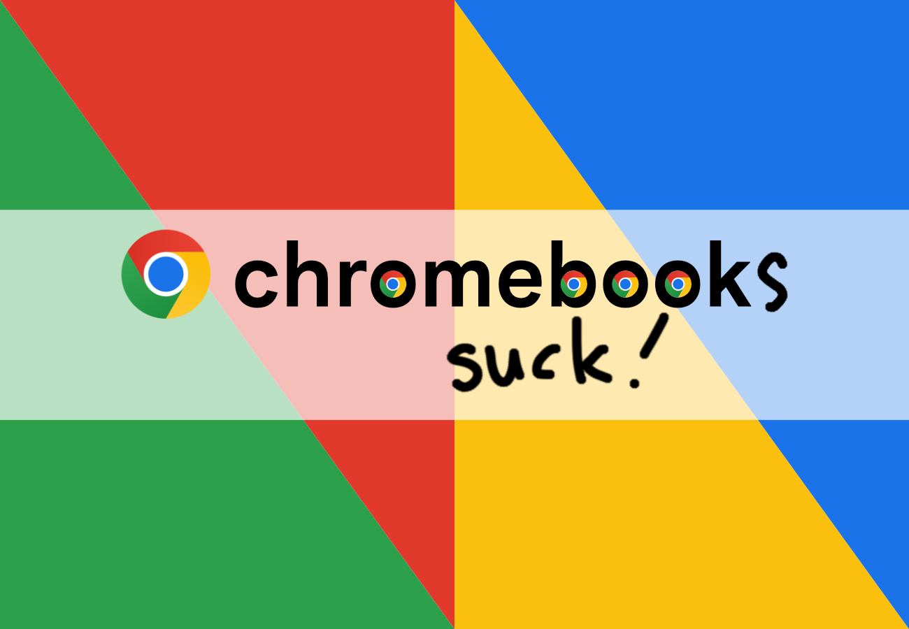 The Chromebook logo, with handwritten text changing it to: Chromebooks suck!