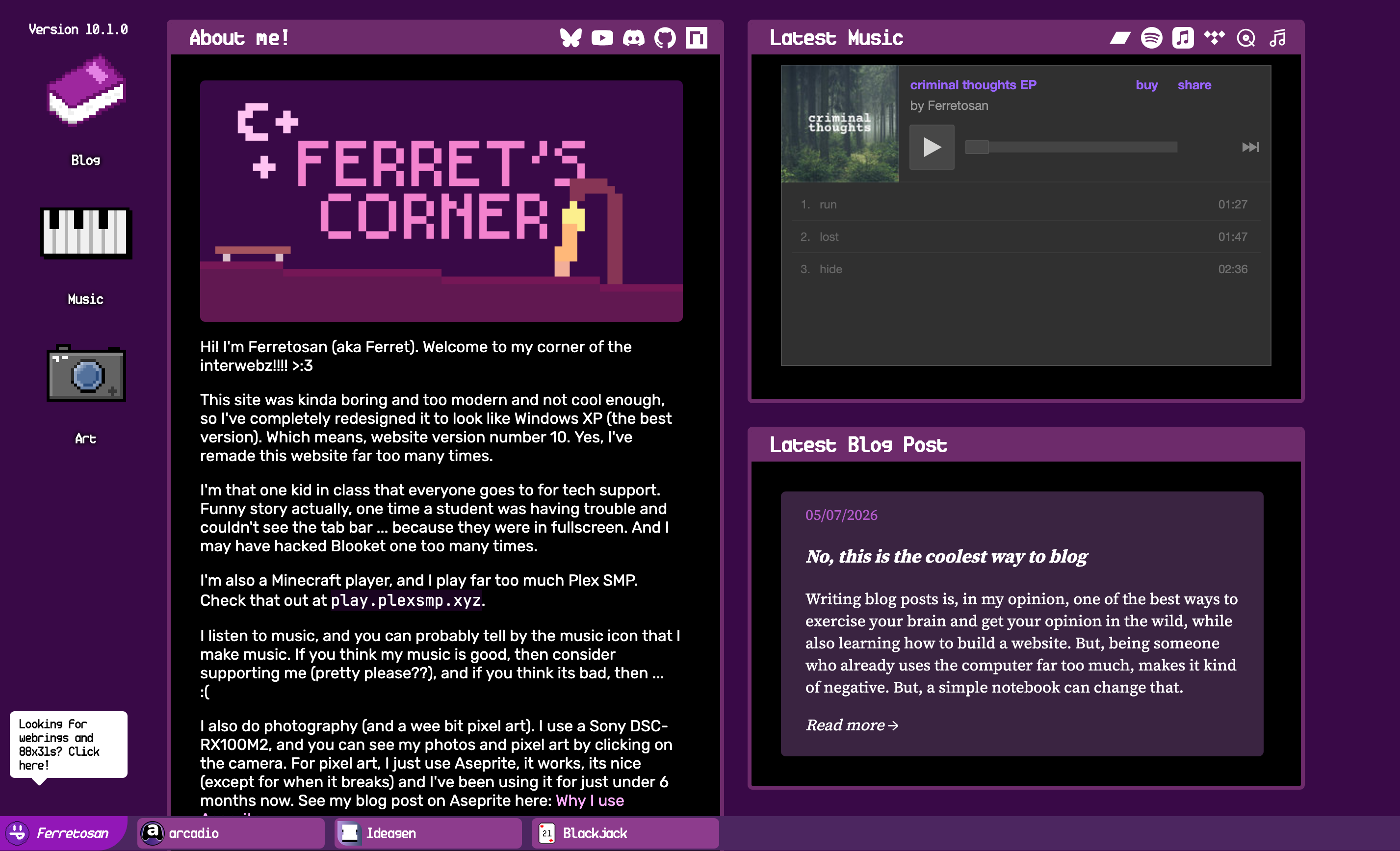 Screenshot of version 10 of my website, Ferret's Corner.